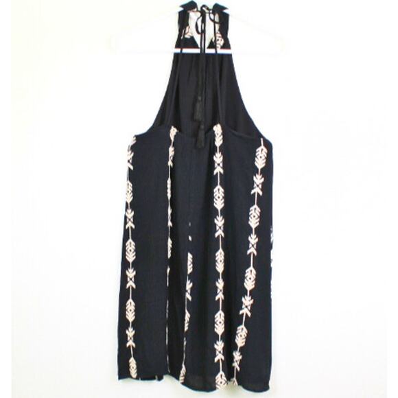 Lush Black Halter Dress Size Medium Embroidered Drawstring Back Boho Festival - Picture 2 of 8